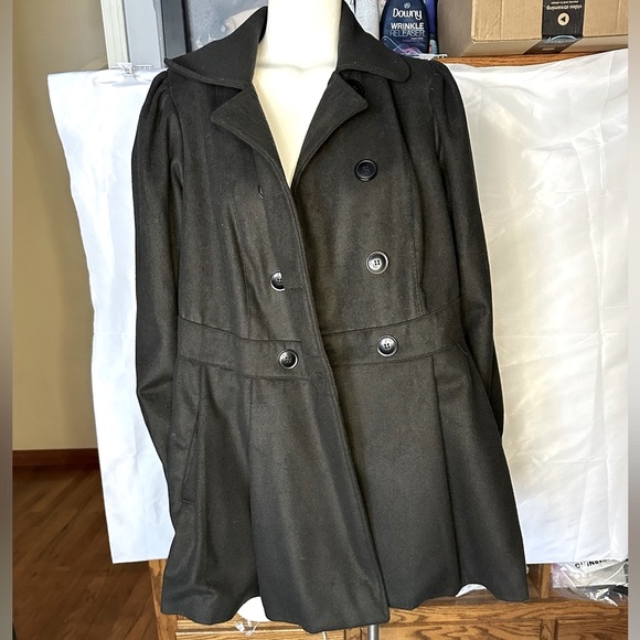 Women’s Black A-line Wool Winter Pea Coat XXL 2XL Dress Coat with Pockets - Picture 5 of 7